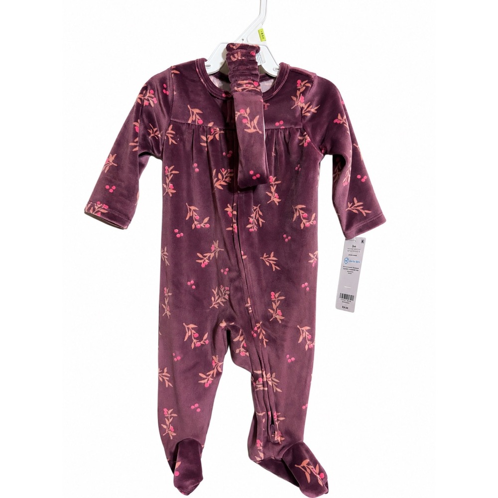 Carters Baby Girl 3M Velvet Floral Sleep and Play Footie with Headband Purple
